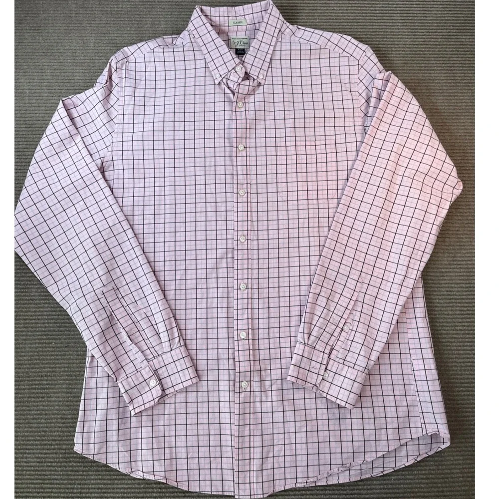 J.Crew Mens XLT Pink Windowpane Secret Wash Stretch Classic Button Down
